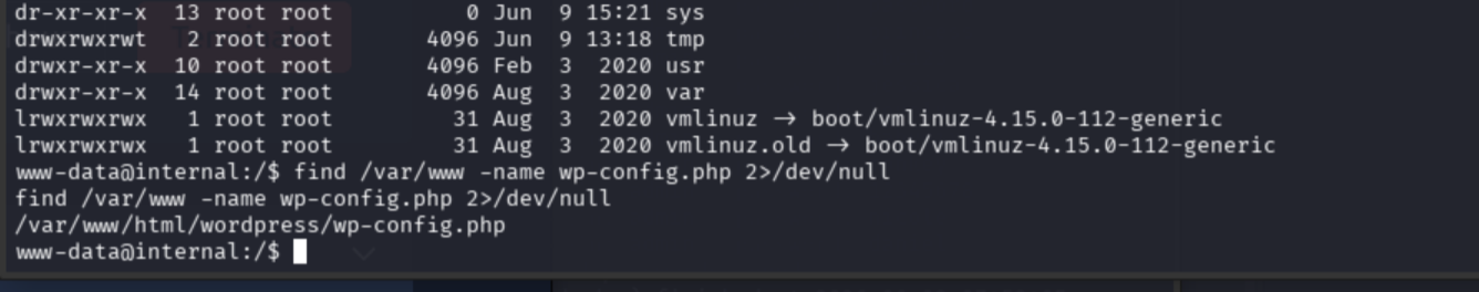 find locating wp-config.php at /var/www/html/wordpress/wp-config.php